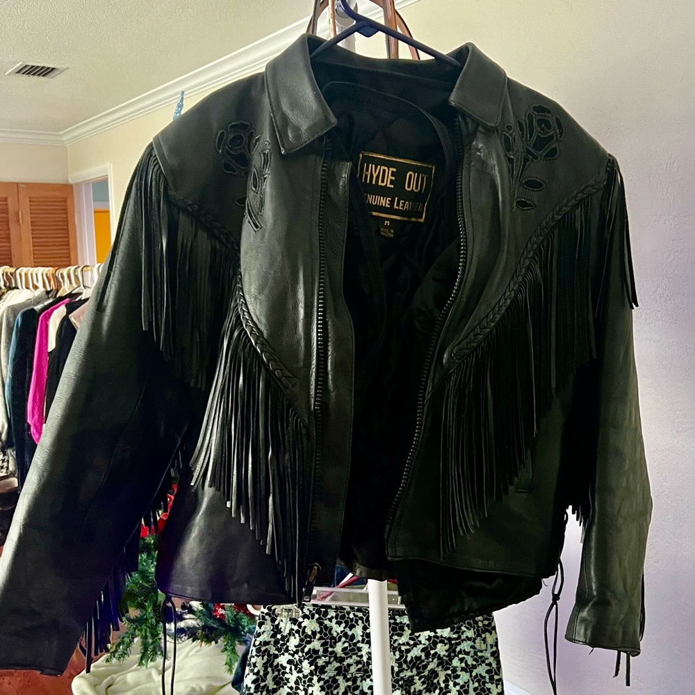 Hide Out size medium genuine leather Jacket with fringe details.
